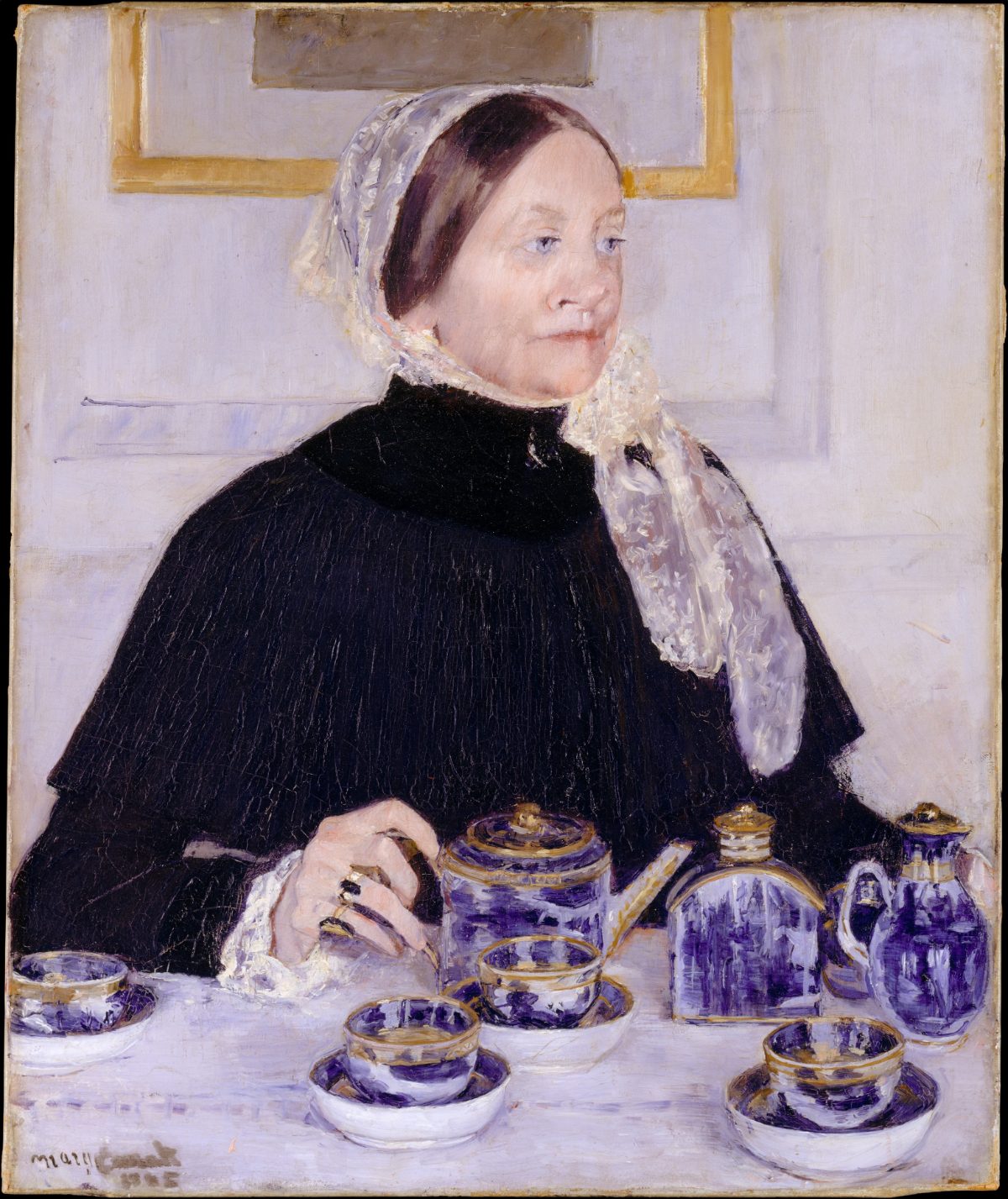 Mary Cassatt, Lady at the Tea Table — a portrait of a woman in dark dress at a tea service, blue and white china in the foreground
