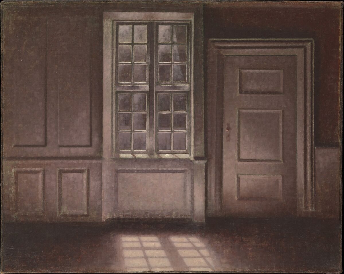 Vilhelm Hammershøi, Moonlight, Strandgade 30 — a dim Copenhagen interior with moonlight falling across an empty parlor floor