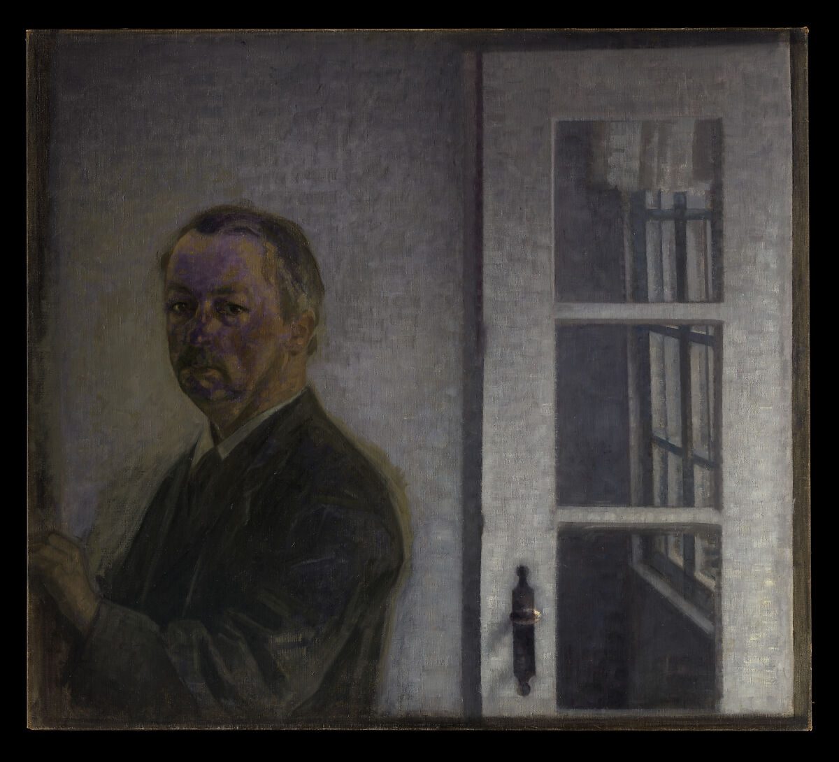 Vilhelm Hammershøi, Self-Portrait at Spurveskjul (1911) — the artist looks out from a dim grey interior