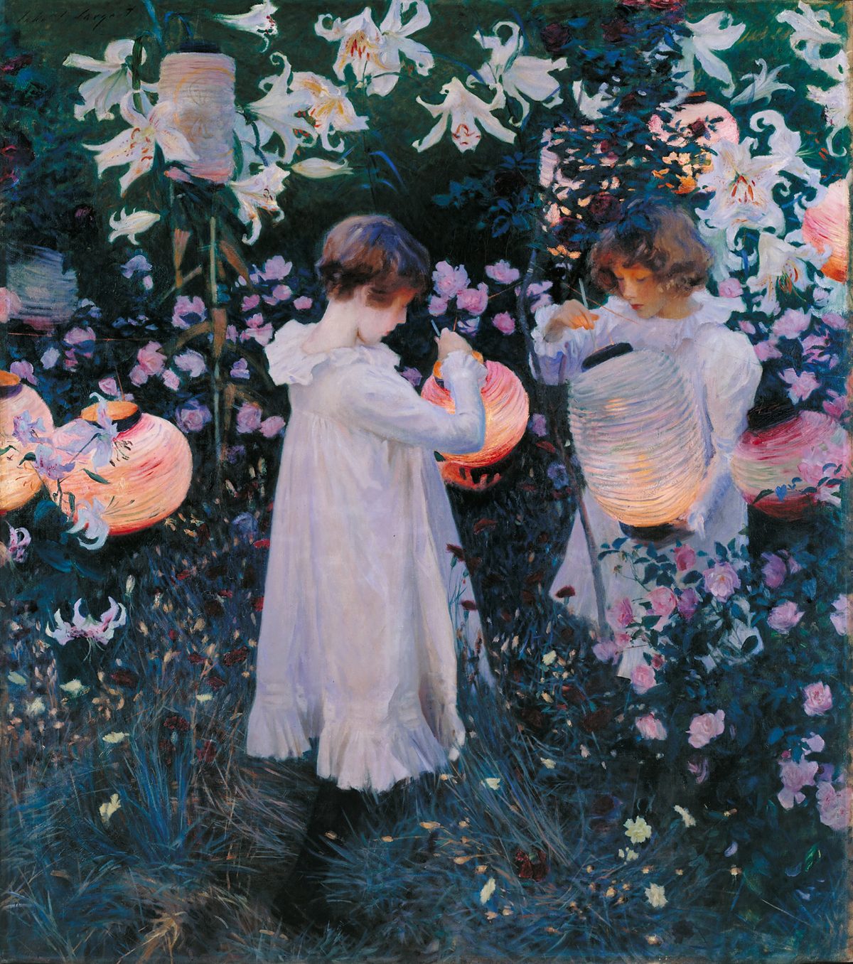 John Singer Sargent, Carnation, Lily, Lily, Rose — two children in white lighting paper lanterns at twilight in a garden of carnations, lilies, and roses